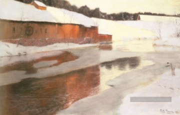 Un bâtiment d’usine près d’une rivière glaciale en hiver Norwegian Frits Thaulow Peinture à l'huile